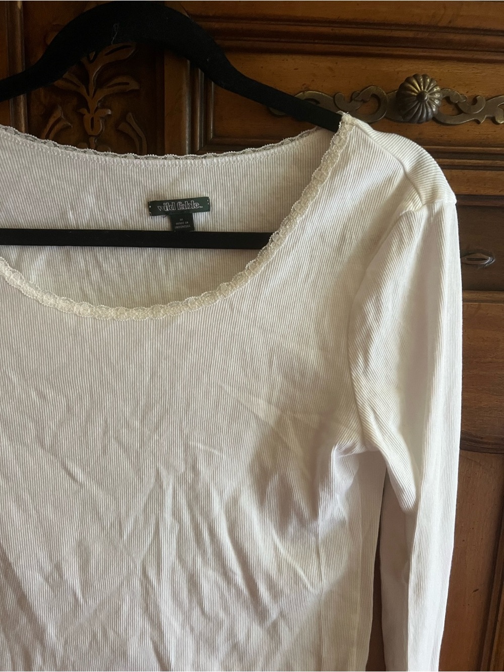 White lace trim scoop-neck long sleeve top by wild fable